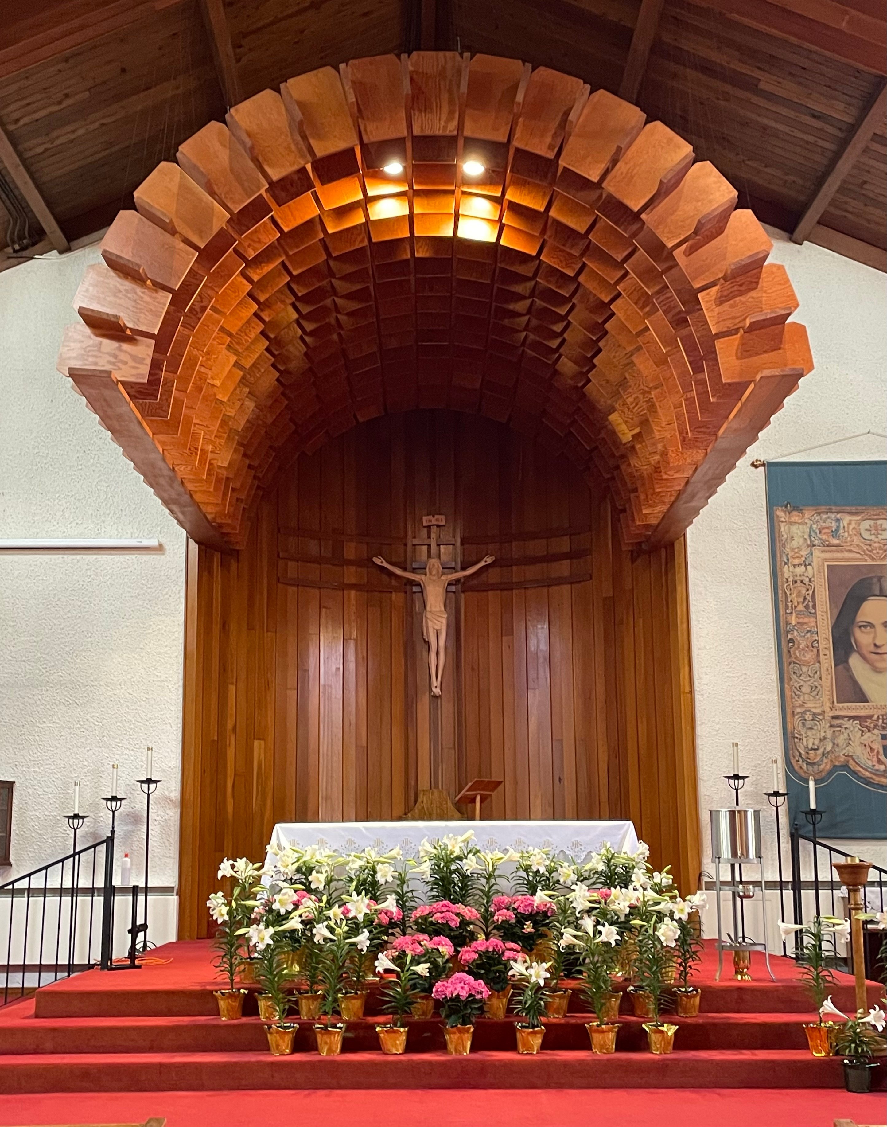 Church altar adorned with Easter Lilies