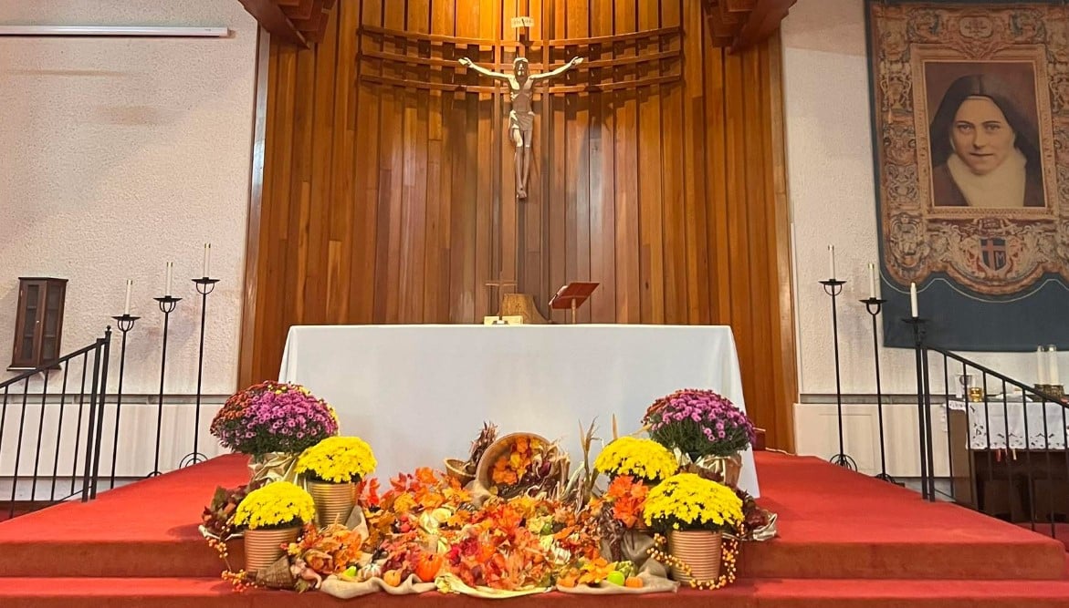 Altar adorned with Thanksgiving decorations