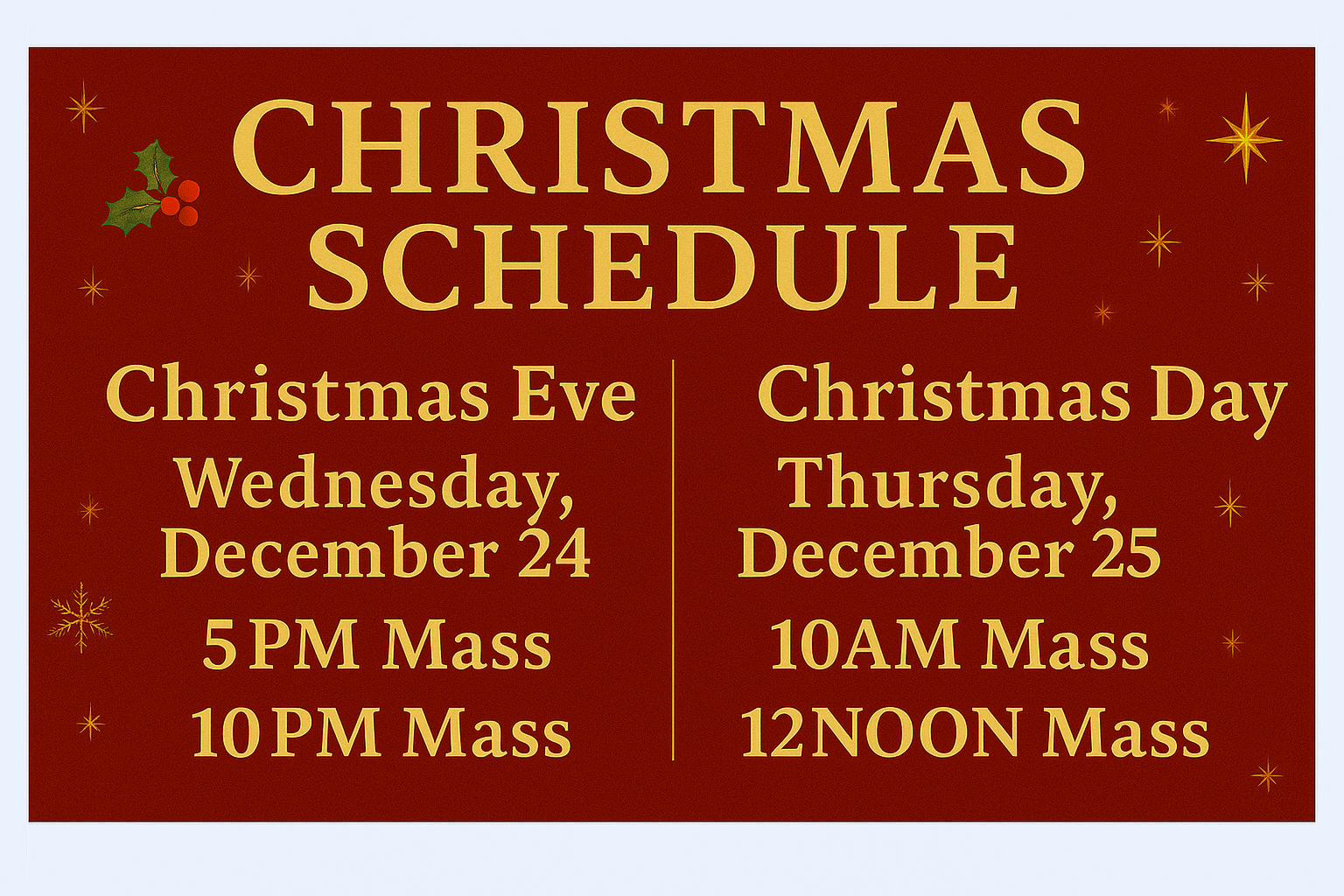 Schedule of Mass on Dec 24 and 25