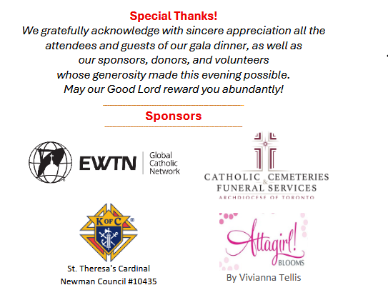 Thank you note to all participants and sponsors of the Dine for Shrine fundraiser for church