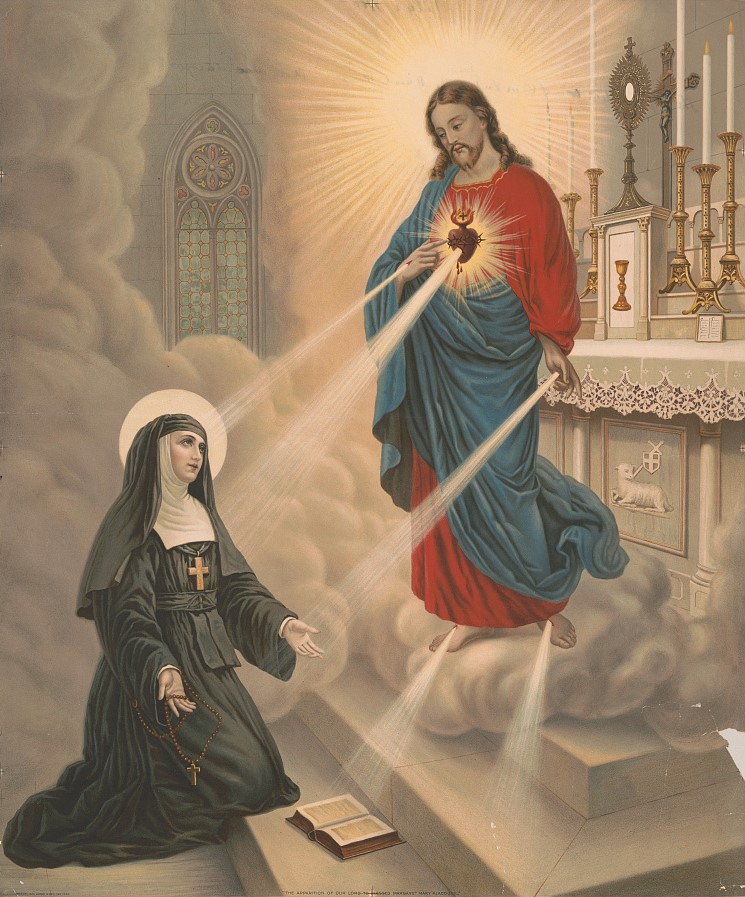 An artist's depiction of Jesus appearing to St. Margaret Mary Alacoque
